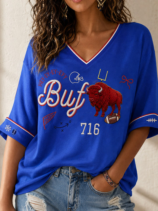 Women's Football Lover Bulls Buffalo Art Printed Linen T-shirt