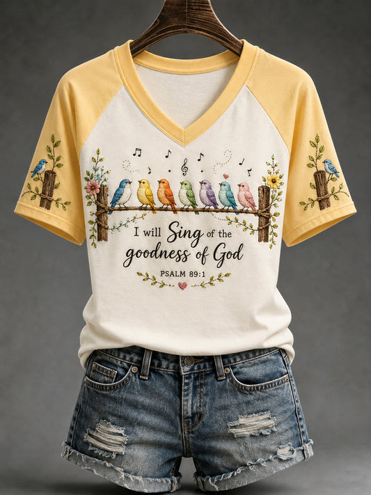 Women's I Will Sing Of The Goodness Of God Birds Print Casual V-Neck Tee