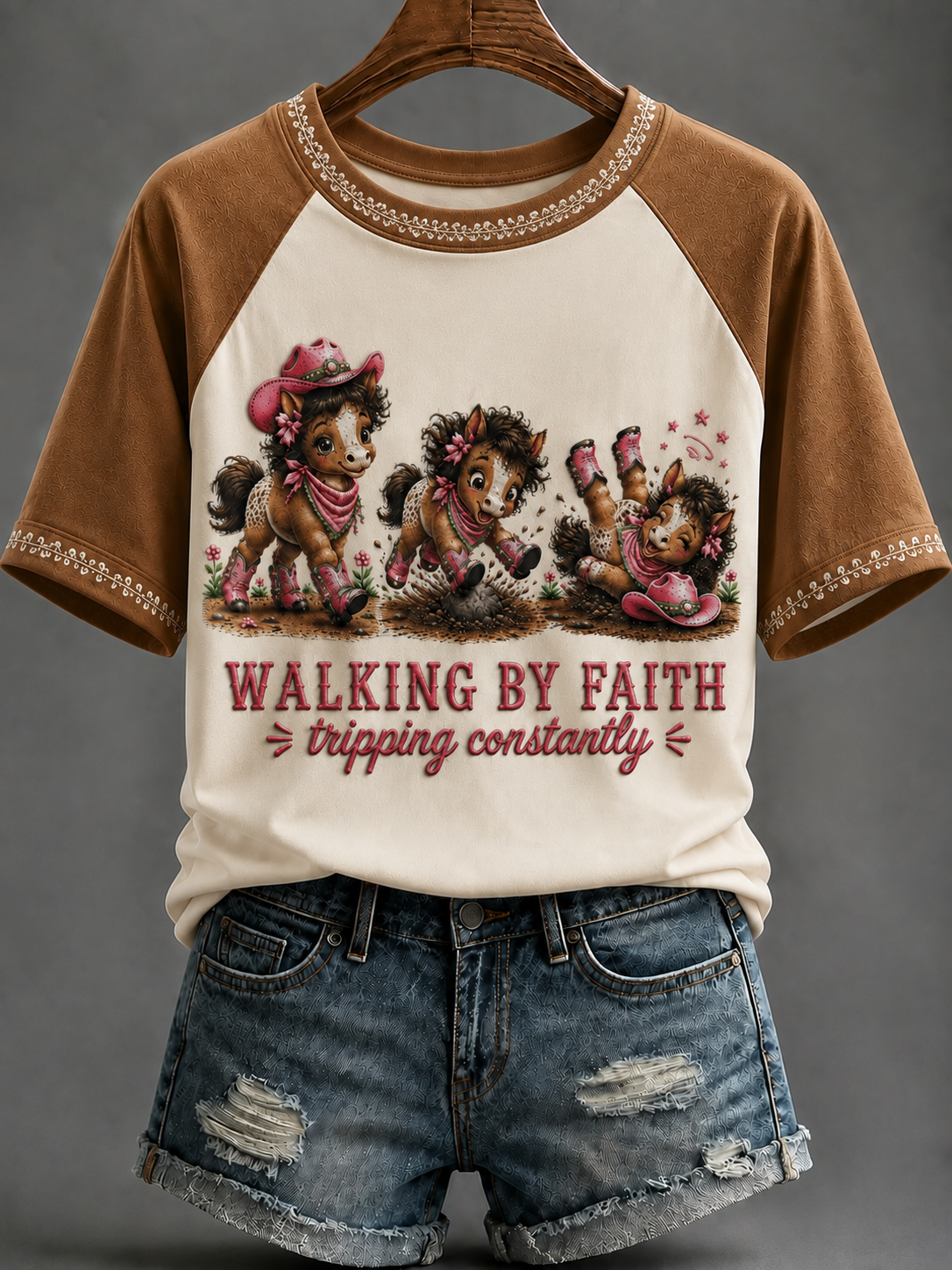 Women's Walking By Faith Tripping Constantly Round Neck Short Sleeve T-shirt