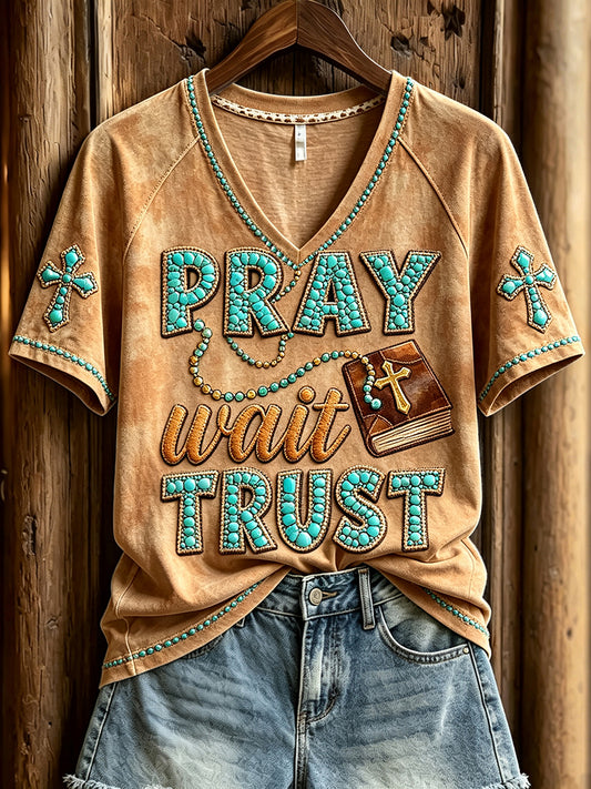 Women's Western Pray Wait Trust Print V-neck Short-sleeved T-shirt