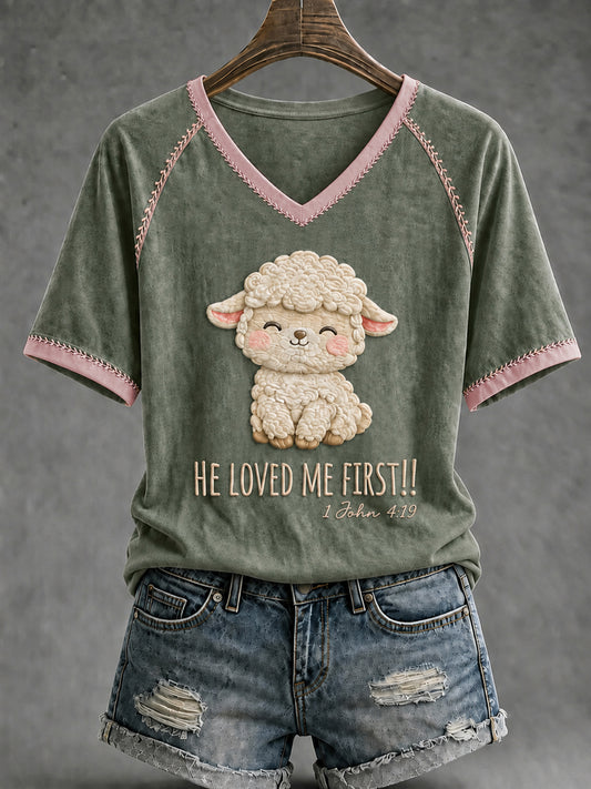 Women's Funny Christian He Loved Me First V-neck Short Sleeve T-shirt