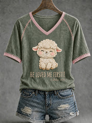 Women's Funny Christian He Loved Me First V-neck Short Sleeve T-shirt