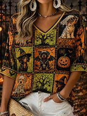 Women's Halloween witch dog Mid-length Sleeves V-Neck T-Shirt