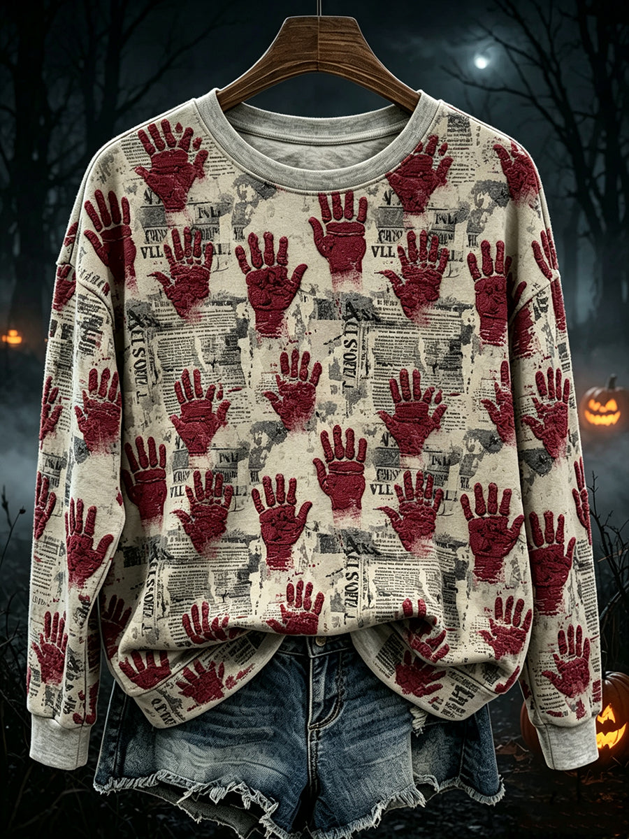 Women's Vintage Newspaper with Bloody Handprints Print Cozy Sweatshirt