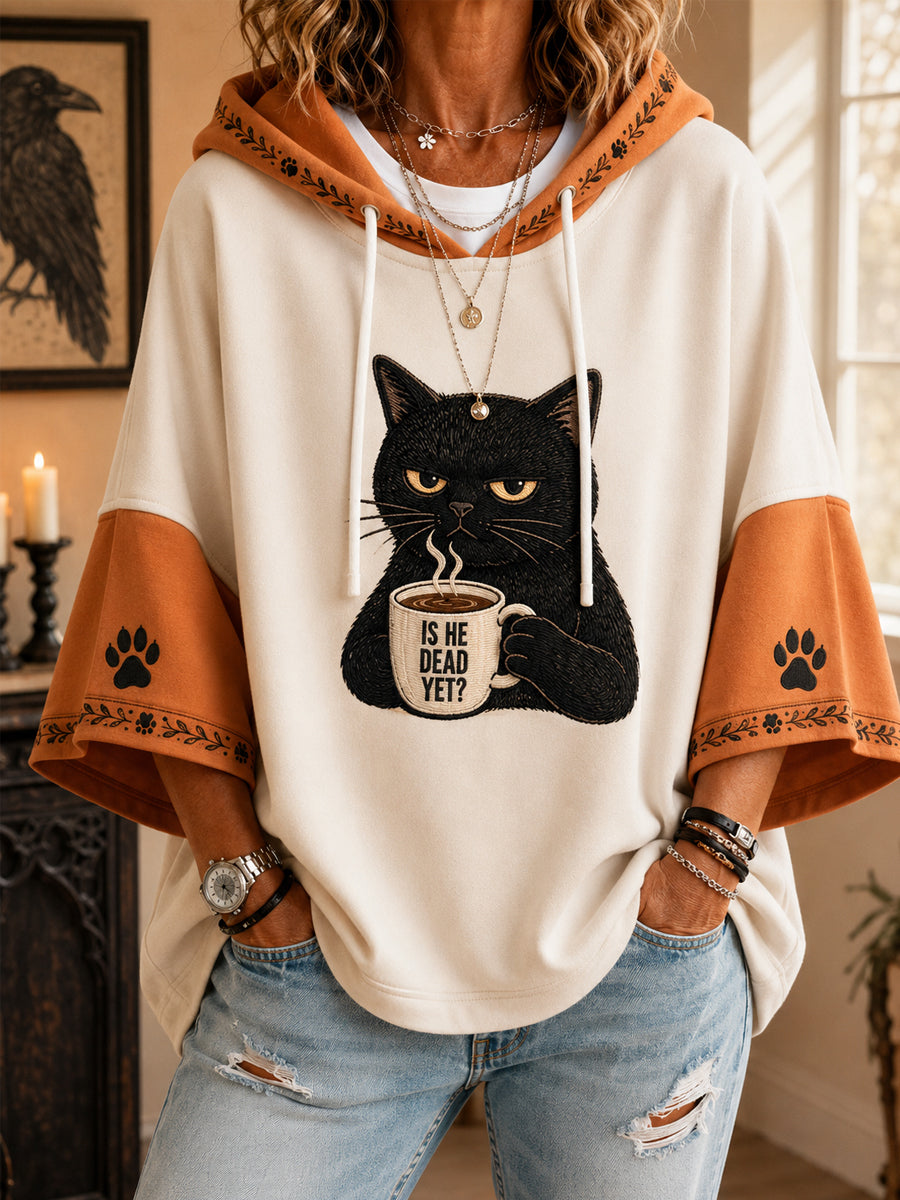 Women’s Is He Dead Yet? Funny Dark Humor Black Cat Print Short-Sleeve Hoodie