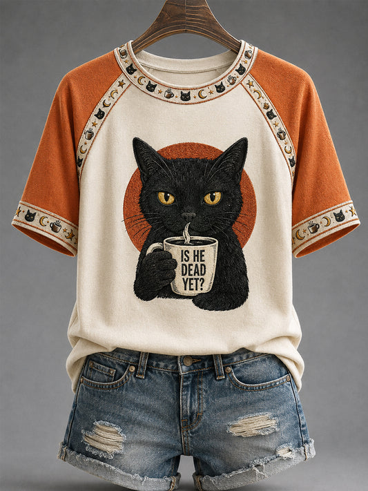 Women's Is He Dead Yet? Funny Dark Humor Black Cat Print Tee