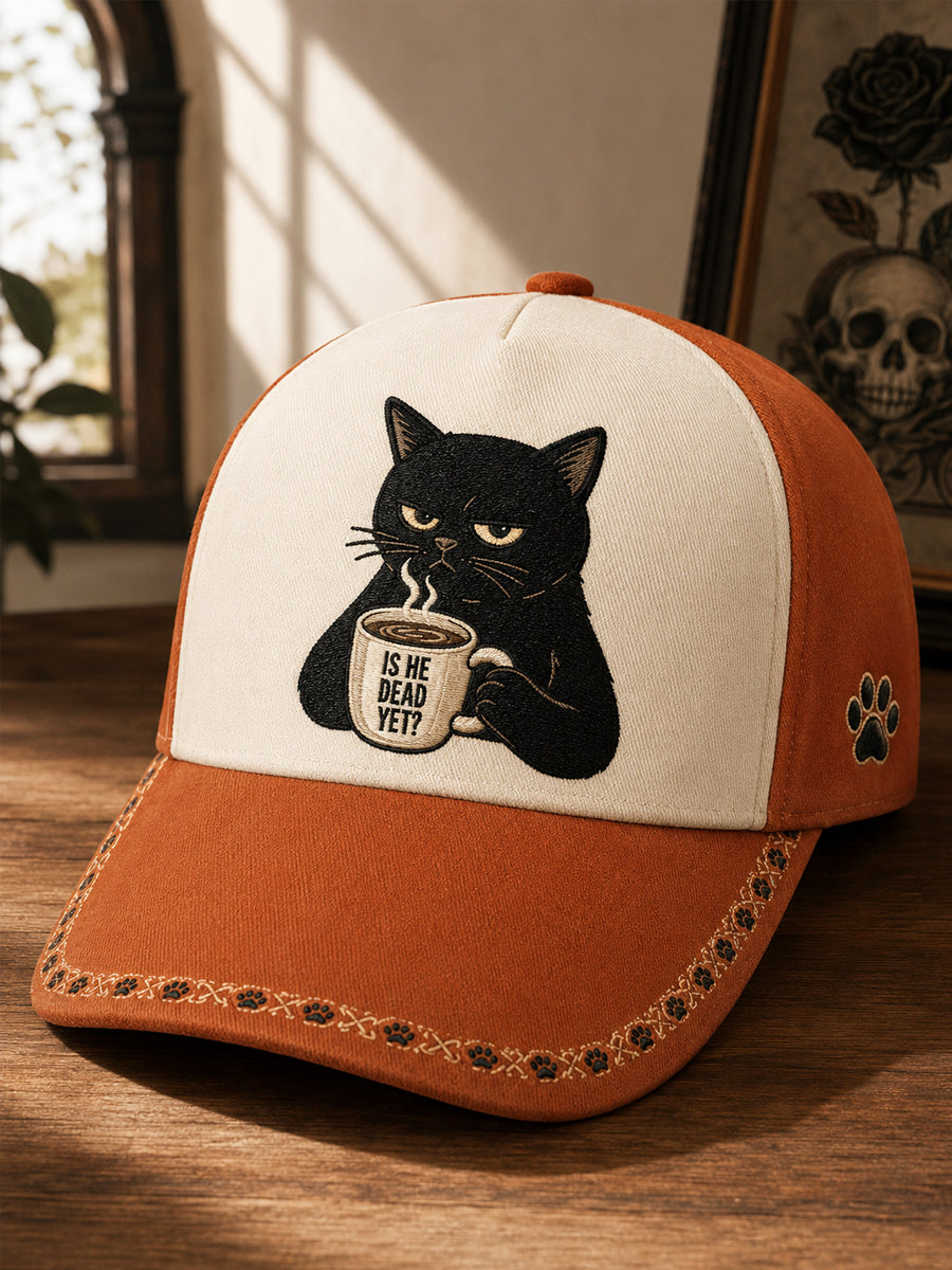 Unisex Is He Dead Yet? Funny Dark Humor Black Cat Print Hat