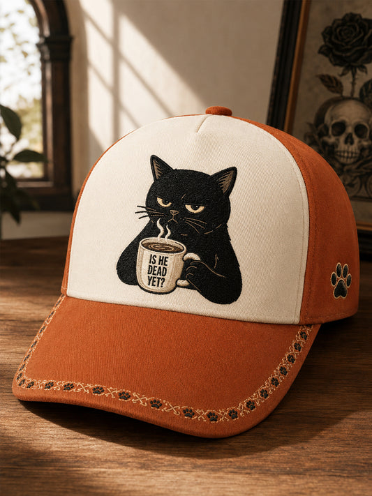 Unisex Is He Dead Yet? Funny Dark Humor Black Cat Print Hat