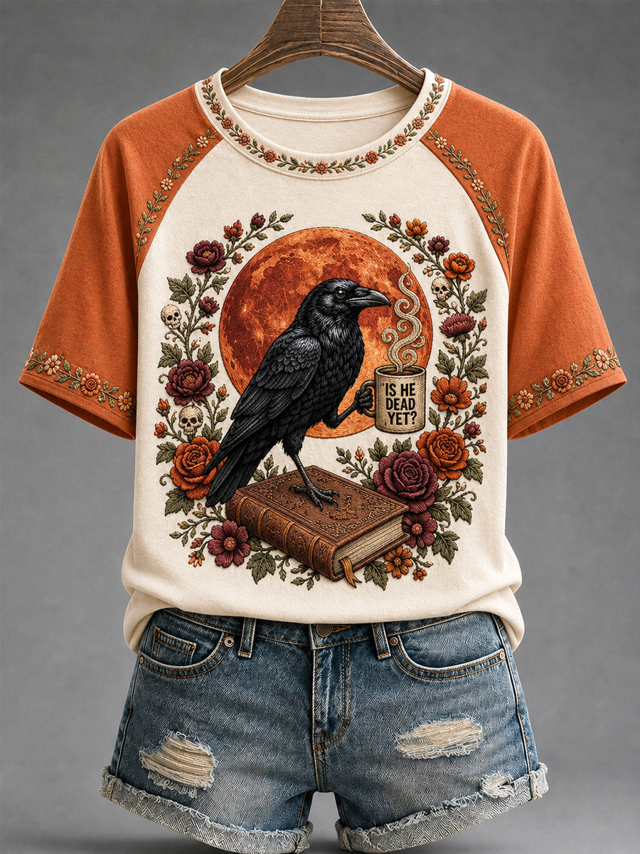 Women's Is He Dead Yet? Funny Dark Humor Raven Print Tee