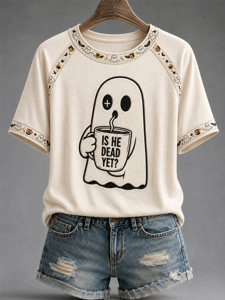 Women's Is He Dead Yet? Dark Humor Ghost Print Tee