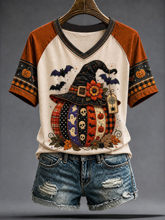 Women's Halloween Pumpkin V-neck T-shirt