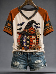 Women's Halloween Pumpkin V-neck T-shirt
