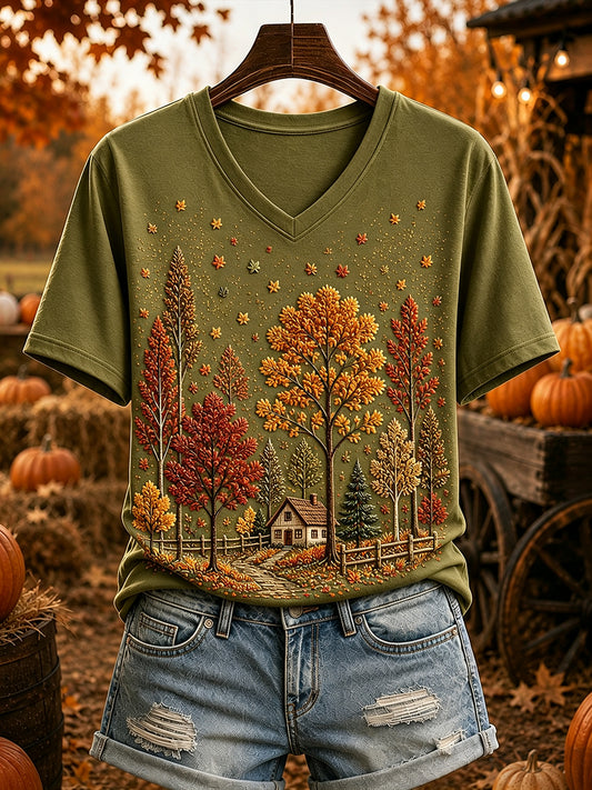 Women's Vintage Fall Trees Print Cozy Short-sleeved T-shirt