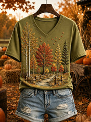 Women's Vintage Fall Trees Print Cozy Short-sleeved T-shirt