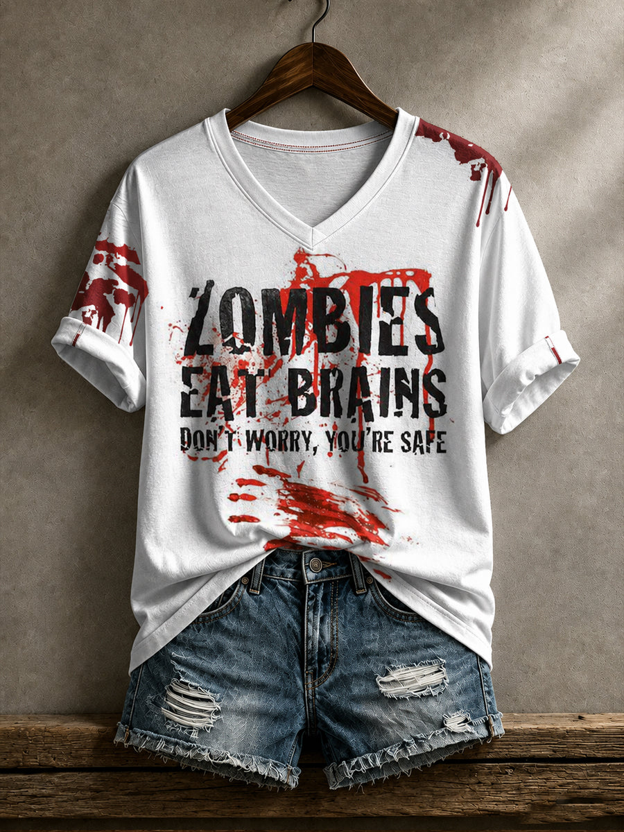 Women's Funny Halloween Zombies Eat Brain Don't Worry You're Safe Printed T-shirt