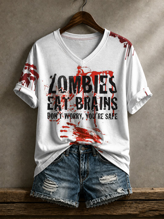 Women's Funny Halloween Zombies Eat Brain Don't Worry You're Safe Printed T-shirt