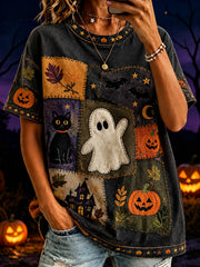 Women's Halloween Boo And Cat Pattern Printed Casual Short Sleeve T-Shirt