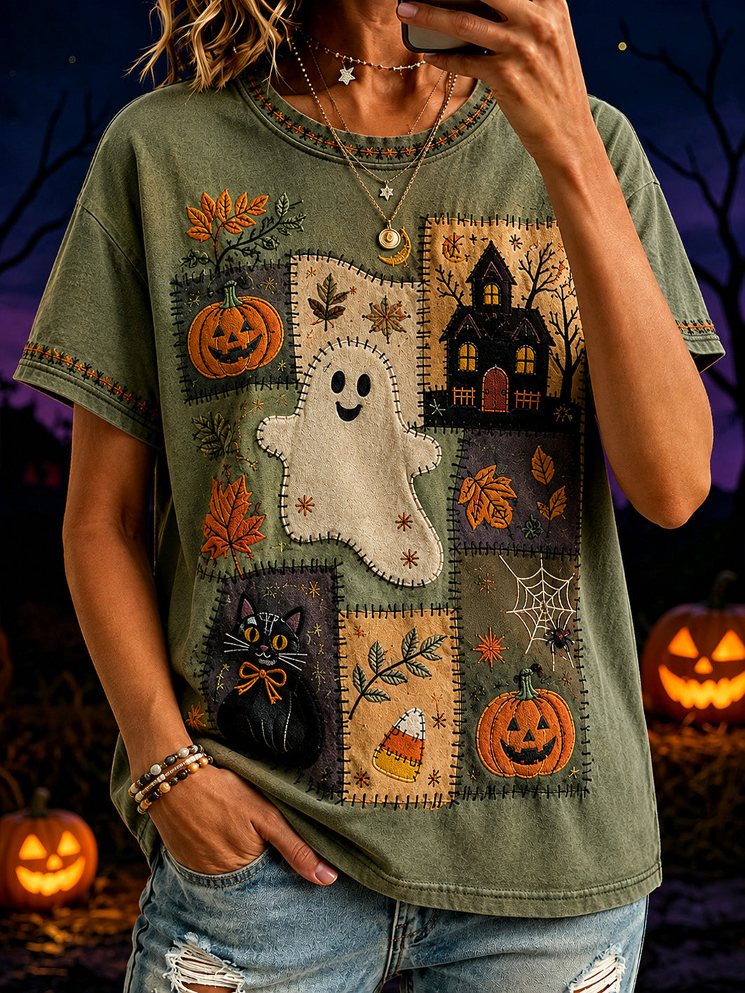 Women's Halloween Boo And Cat Pattern Printed Casual Short Sleeve T-Shirt