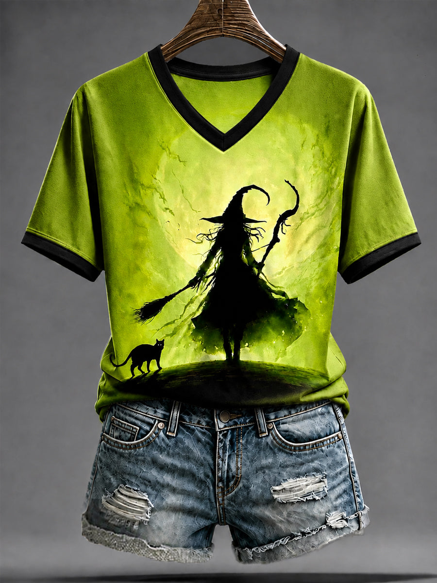 Women's Halloween Witch Black Cat Art  Short Sleeve T-shirt