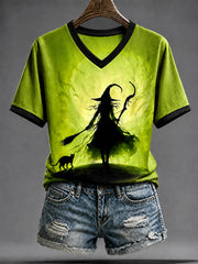 Women's Halloween Witch Black Cat Art  Short Sleeve T-shirt