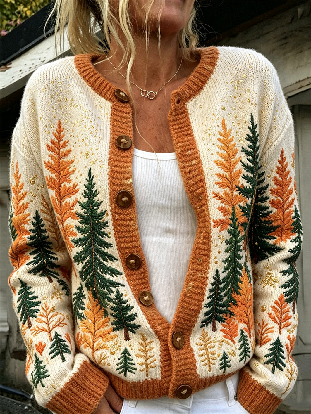 Women's Autumn Forest Pattern Causal Cardigan-Style Knit Jacket