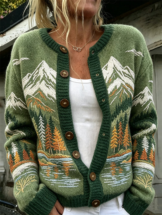 Women's Autumn Forest Pattern Causal Cardigan-Style Knit Jacket