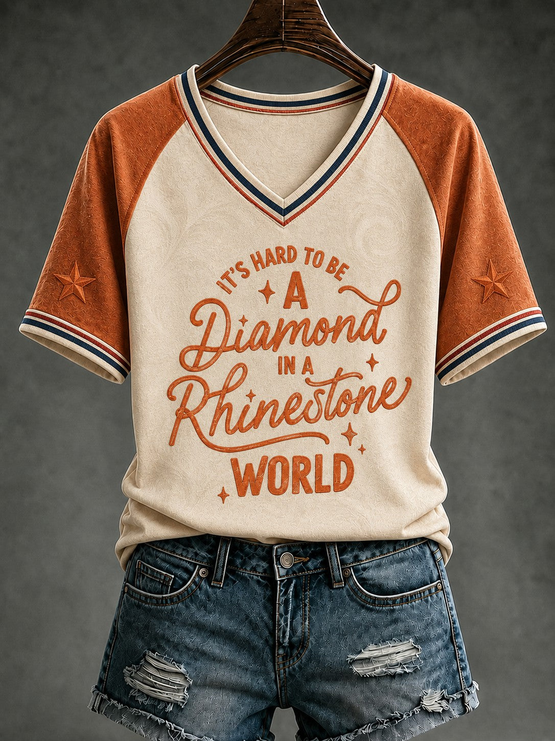 Women's IT’S HARD TO BE A DIAMOND IN A RHINESTONE WORLD Printed V-neck T-shirt