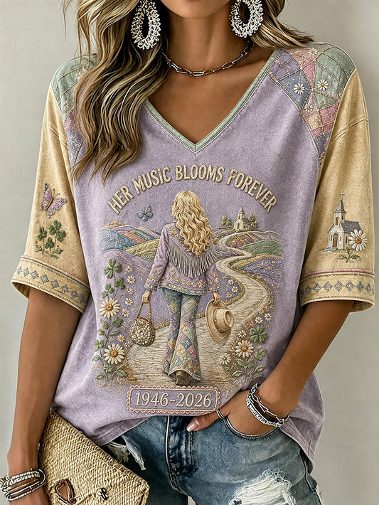Women's Country Music Legend Tribute Casual Memorial Mid-length Sleeves V-Neck T-Shirt