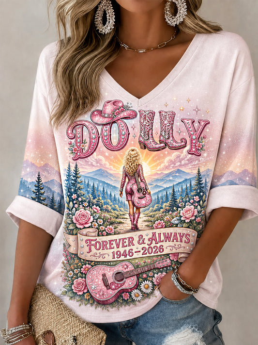 Women's Forever & Always Thank You Country Music Legend Tribute Half-Sleeves V-Neck T-Shirt