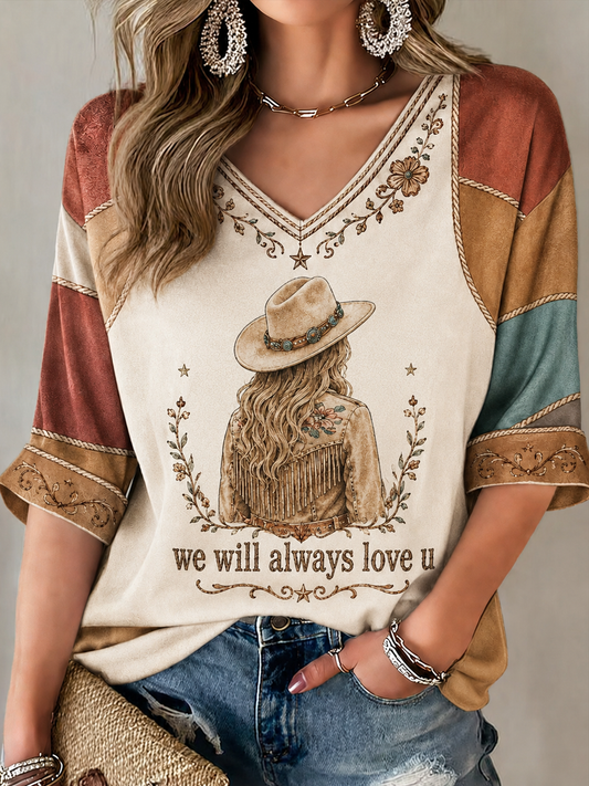 Women's Rip Country Music Lover Queen of Country Printed Mid-length Sleeves V-Neck T-Shirt