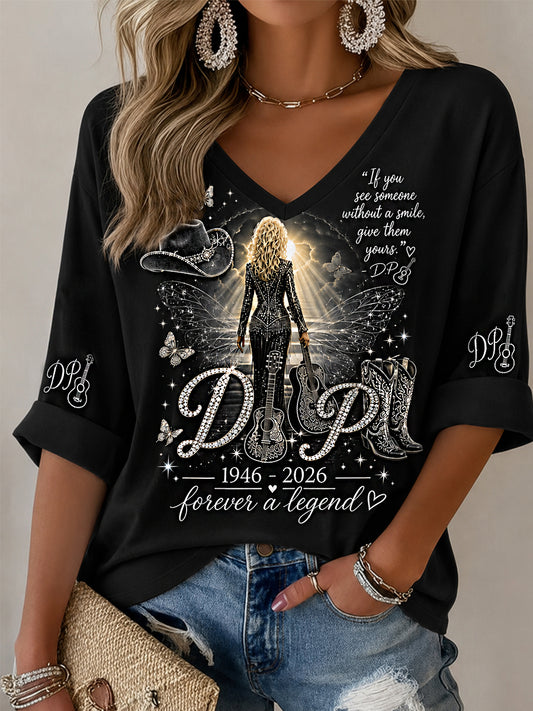 Women's We Will Always Love You Thank You Country Music Legend Tribute Half-Sleeves V-Neck T-Shirt