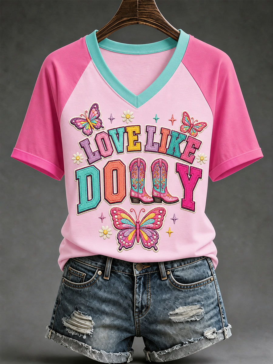 Women's Love Like Dolly Country Music Legend Tribute Half-Sleeves V-Neck Tee