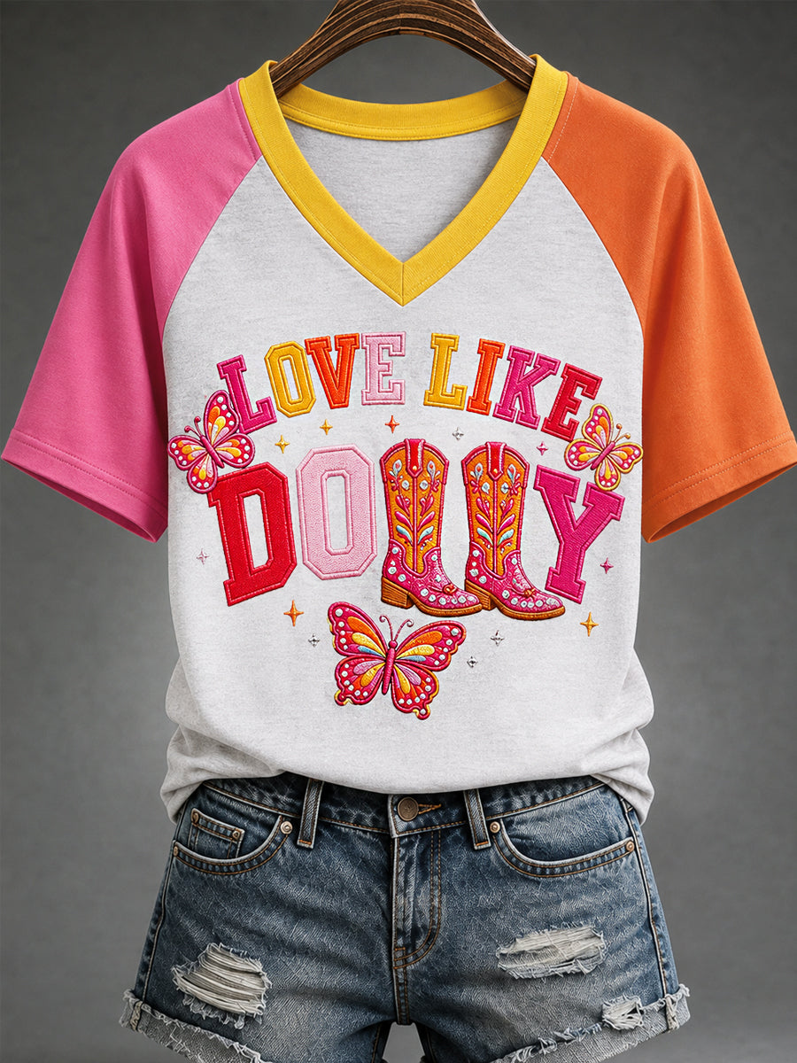 Women's Love Like Dolly Country Music Legend Tribute Half-Sleeves V-Neck Tee