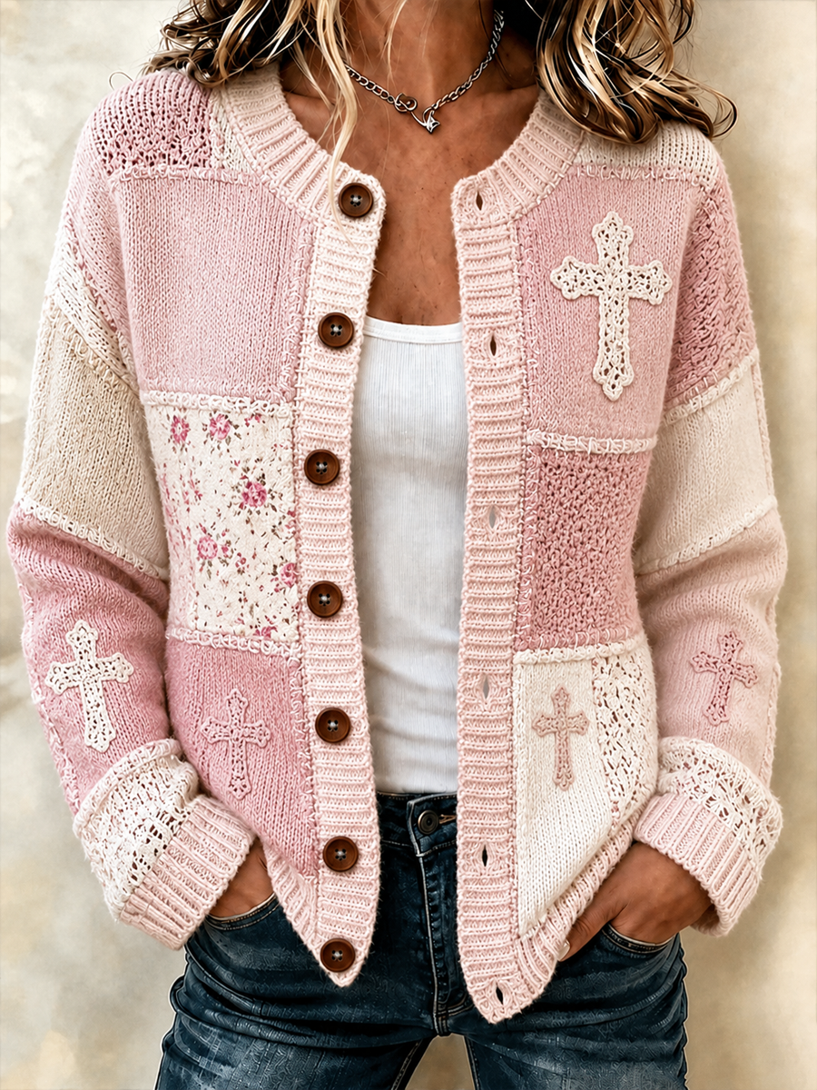 Women's Patchwork-style faith print Cardigan-Style Knit Jacket