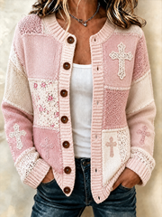 Women's Patchwork-style faith print Cardigan-Style Knit Jacket