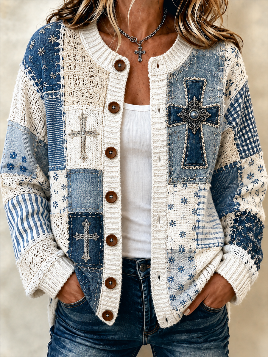 Women's Patchwork-style faith print Cardigan-Style Knit Jacket