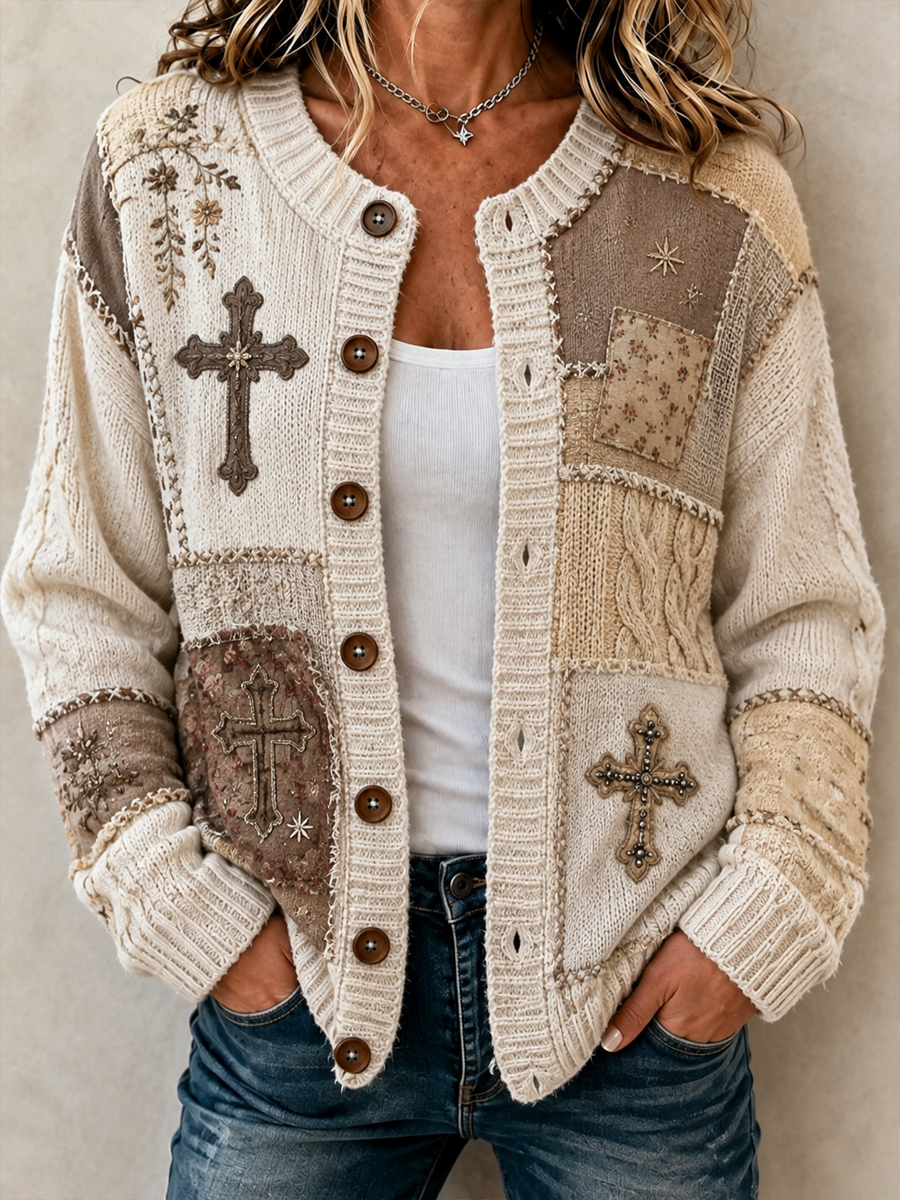 Women's Patchwork-style faith print Cardigan-Style Knit Jacket
