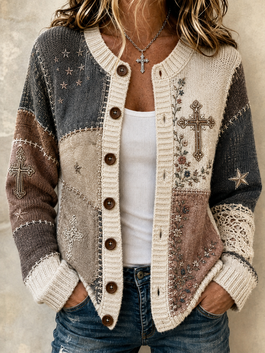 Women's Patchwork-style faith print Cardigan-Style Knit Jacket