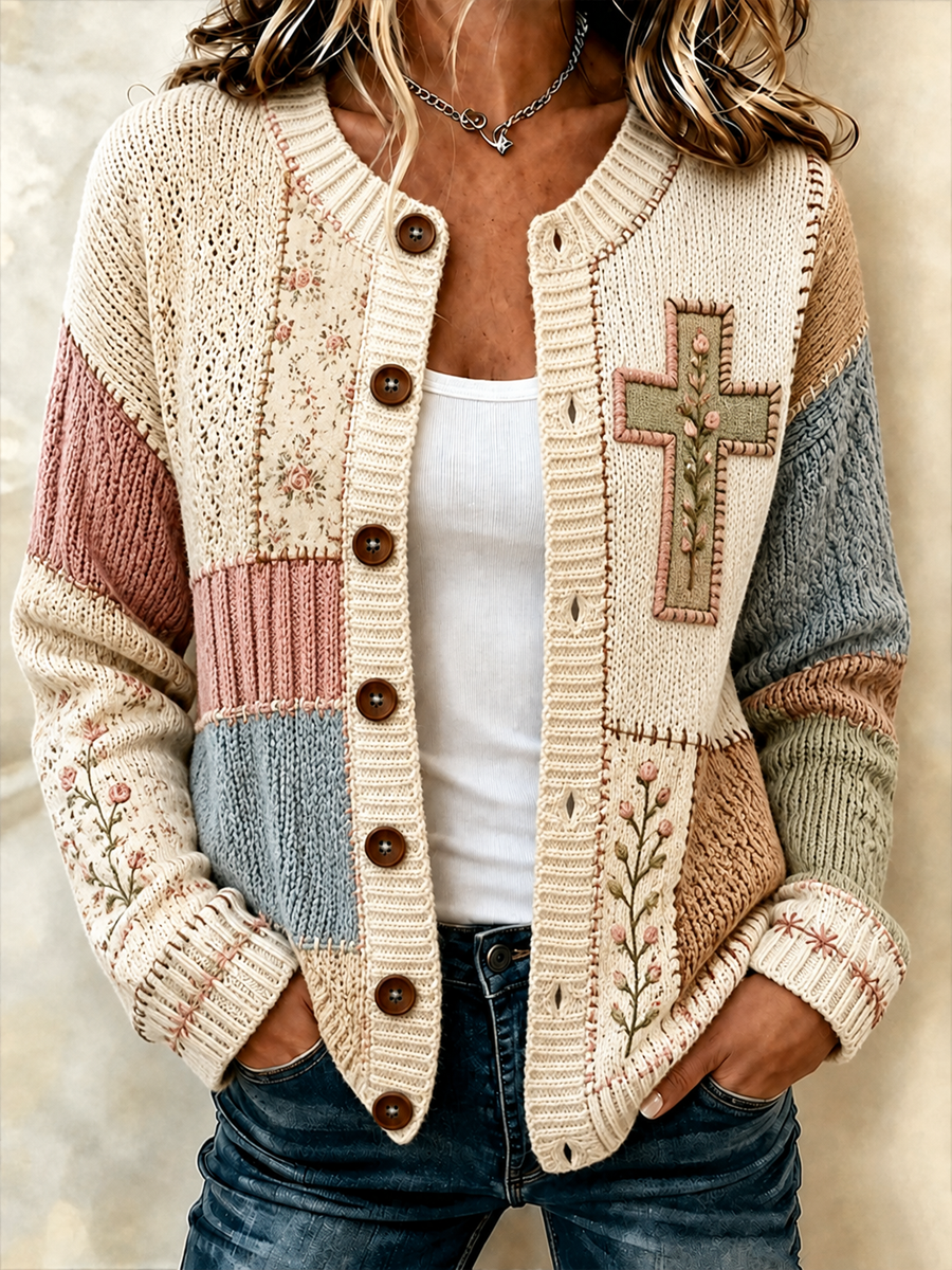 Women's Patchwork-style faith print Cardigan-Style Knit Jacket