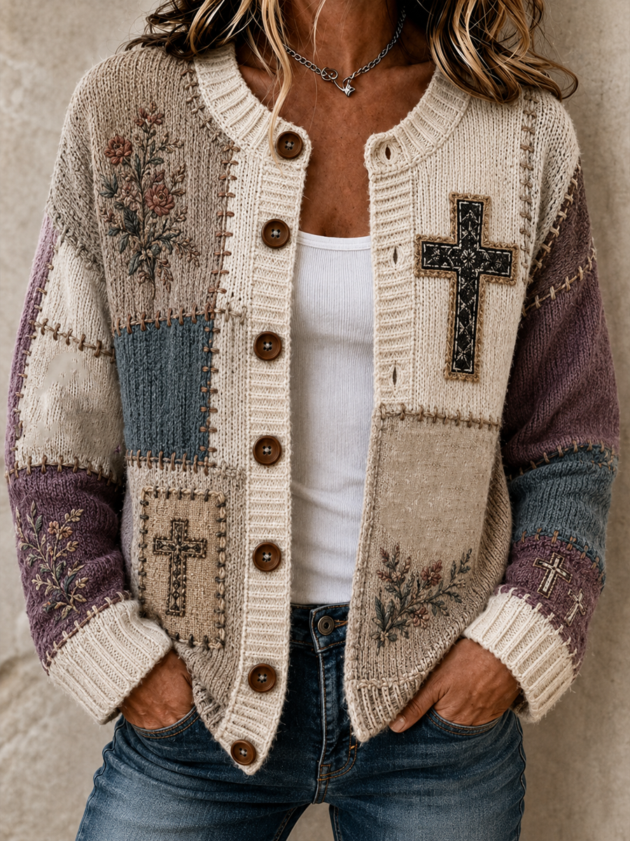 Women's Patchwork-style faith print Cardigan-Style Knit Jacket
