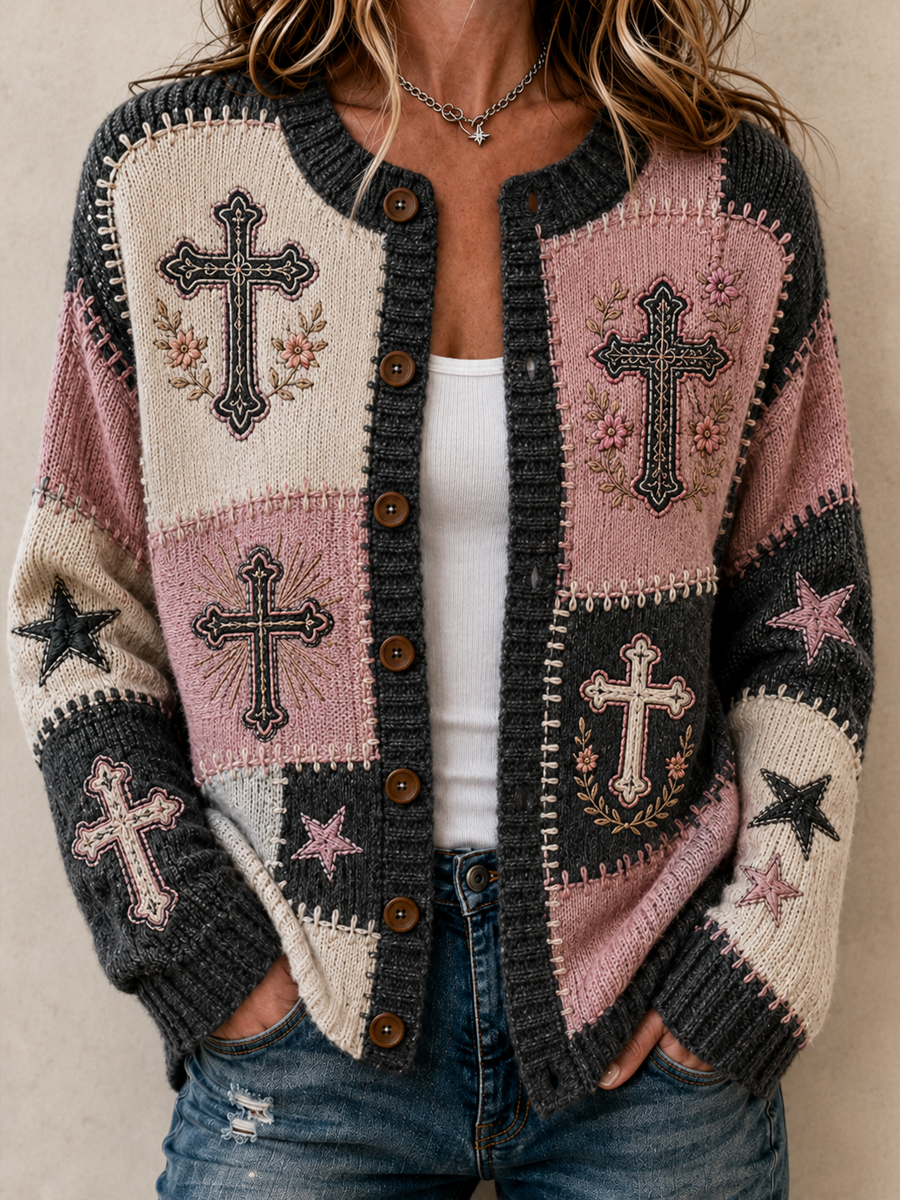 Women's Patchwork-style faith print Cardigan-Style Knit Jacket