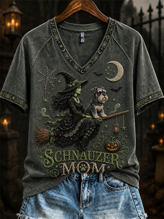 Women's Halloween Bad Witch Schnauzer Mom Print short-sleeved T-shirt