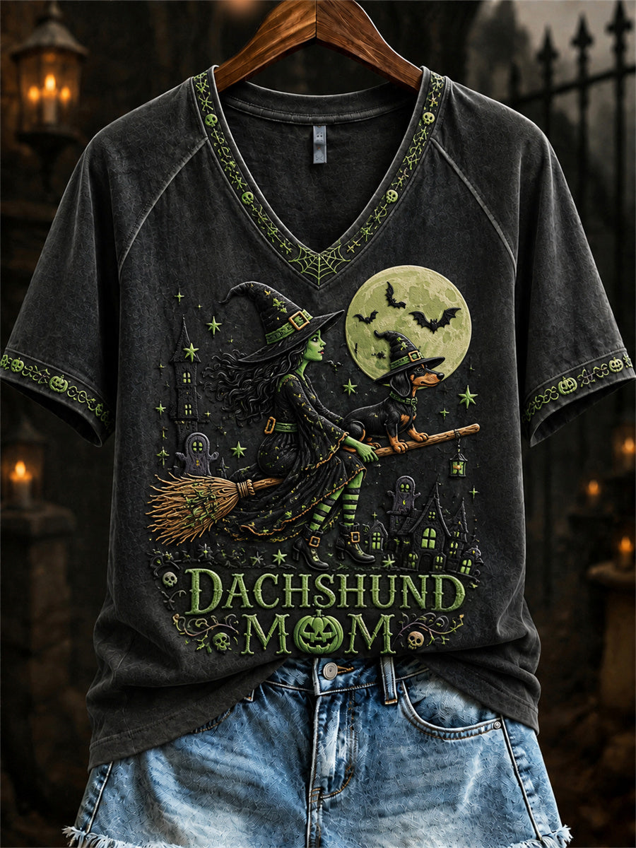 Women's Halloween Bad Witch Dachshund Mom Print short-sleeved T-shirt