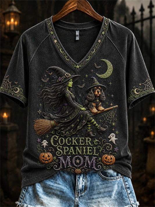 Women's Halloween Bad Witch Cocker Spaniel Mom Print short-sleeved T-shirt
