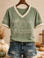 Women's God Is Faithful In Every Season Fall Pumpkin Cross Print Casual V-Neck Tee