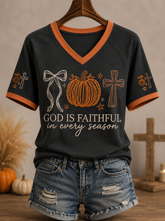 Women's God Is Faithful In Every Season Fall Pumpkin Cross Print Casual V-Neck Tee