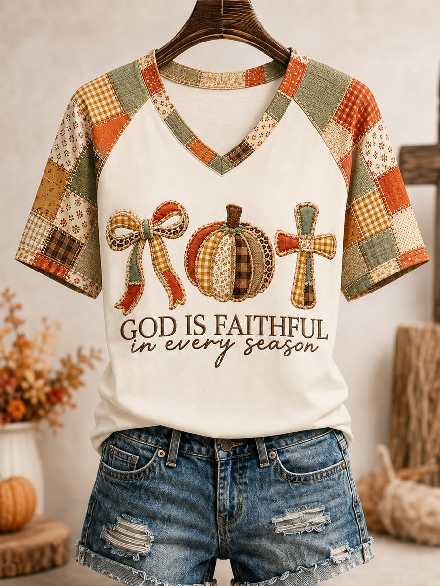 Women's God Is Faithful In Every Season Fall Pumpkin Cross Patchwork Print Casual V-Neck Tee