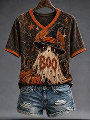 Women's Halloween Witch Creepy Cat  Short Sleeve T-shirt
