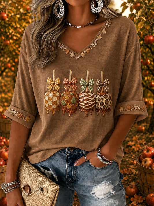 Women’s Fall Caramel Apples Print Casual T-Shirt