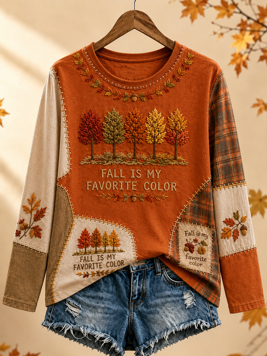 Women's Fall Is My Favorite Color Printed Round neck long sleeve T-shirt
